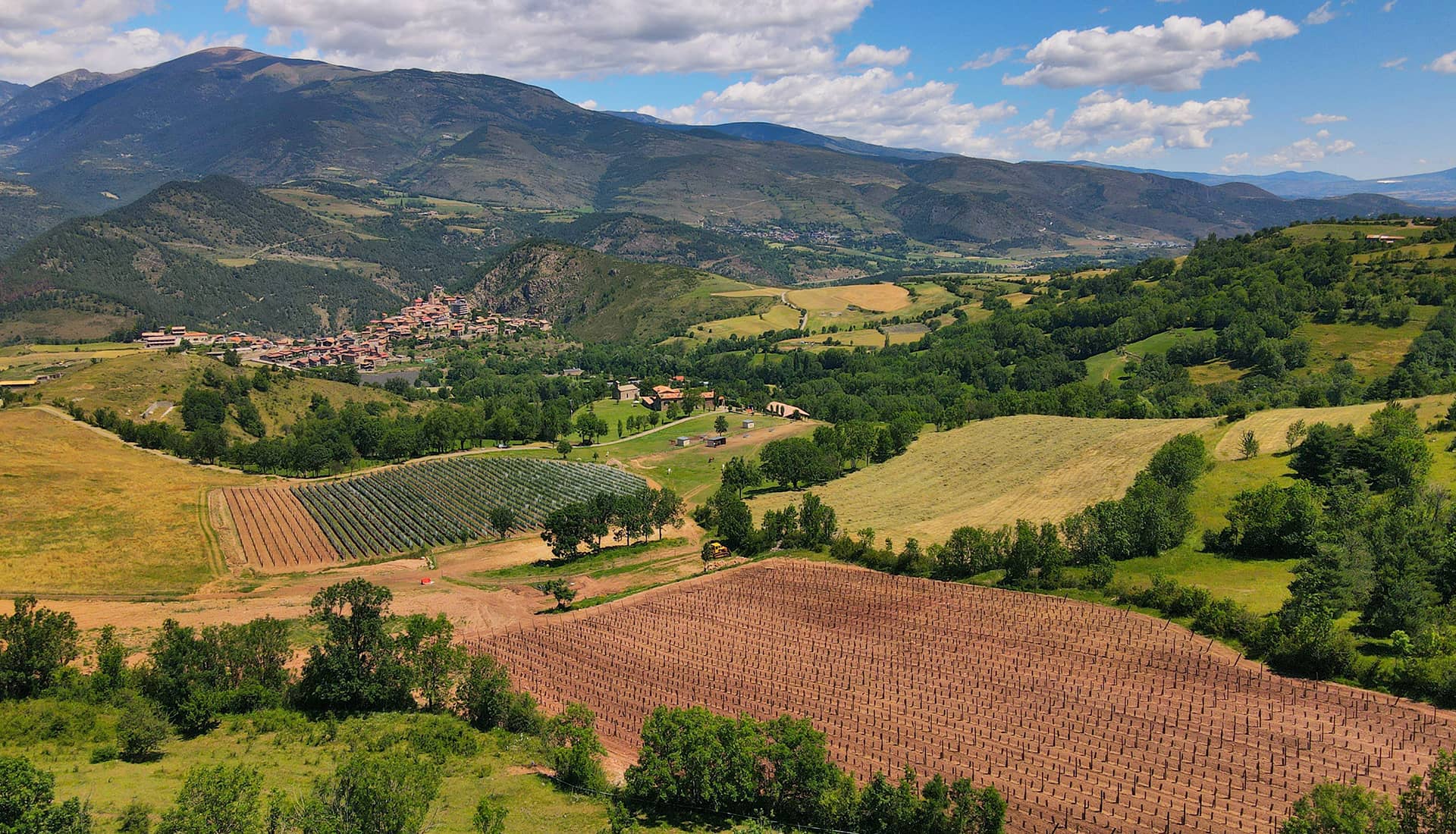 Vista aérea de la finca, la ermita y las viñas en el valle